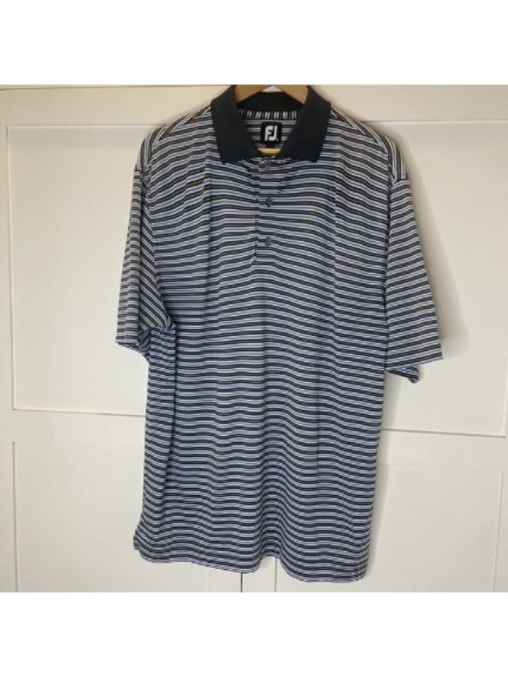 Foot Joy Men's Golf Shirt Sz Large Black/Blue/White Stripes Pre-Owned
